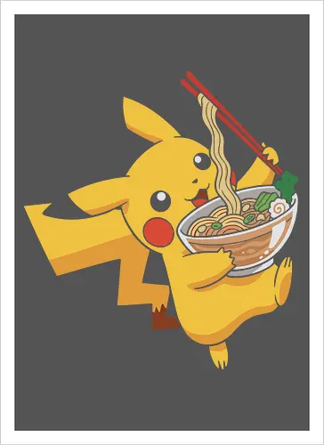 Mouse Ramen Run - Mouse, ramen, Pocket, anime shirt, Japanese food, noodle bowl, electric type, manga, video game, kawaii, cute pokemon, food lover, foodie apparel, ramen tshirt, pikachu art, vector graphic, gaming shirt, geek apparel, chopsticks - Artprint