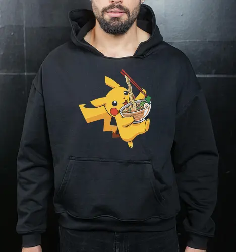 Mouse Ramen Run - Mouse, ramen, Pocket, anime shirt, Japanese food, noodle bowl, electric type, manga, video game, kawaii, cute pokemon, food lover, foodie apparel, ramen tshirt, pikachu art, vector graphic, gaming shirt, geek apparel, chopsticks - Cropped Hoodie