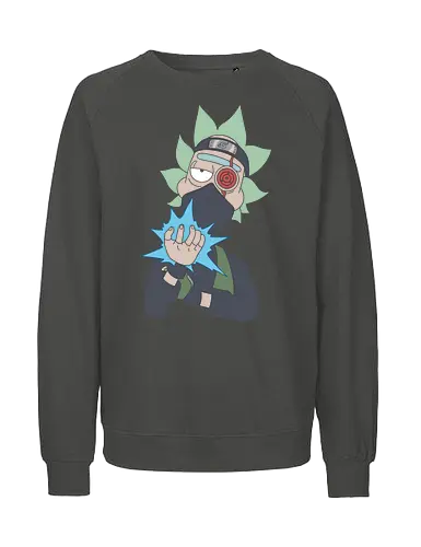 Rick Hatake: Chidori & Chill - Rick and Morty, Shinobi, Kakashi, crossover, anime mashup, Rick Sanchez, Chidori, Sharingan, Hidden Leaf, Konoha, sensei, geek apparel, cartoon, adult swim, ninja, science fiction, anime shirt, weeb, parody, fan art - Fairtrade Sweatshirt