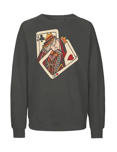 Royal Flush Romance - King and Queen, playing cards, poker, romance, love, couple shirt, royal flush, card game, kiss, embrace, casino, vintage art, heart suit, club suit, stylized illustration, aesthetic, gambling, deck of cards - Fairtrade Sweatshirt