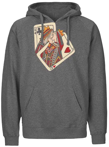 Royal Flush Romance - King and Queen, playing cards, poker, romance, love, couple shirt, royal flush, card game, kiss, embrace, casino, vintage art, heart suit, club suit, stylized illustration, aesthetic, gambling, deck of cards - Fairtrade Hoodie
