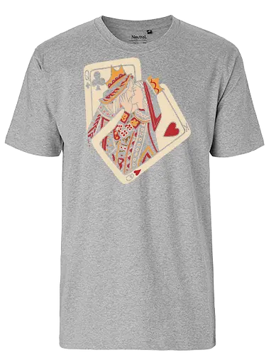 Royal Flush Romance - King and Queen, playing cards, poker, romance, love, couple shirt, royal flush, card game, kiss, embrace, casino, vintage art, heart suit, club suit, stylized illustration, aesthetic, gambling, deck of cards - Fairtrade T-Shirt