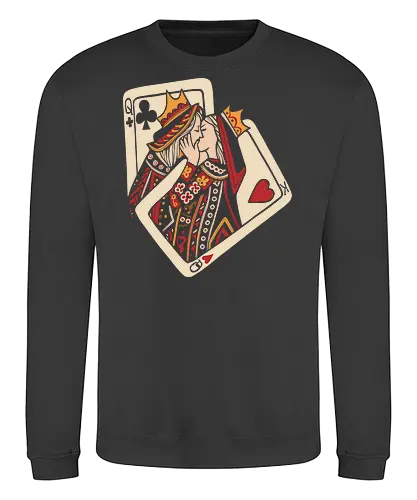 Royal Flush Romance - King and Queen, playing cards, poker, romance, love, couple shirt, royal flush, card game, kiss, embrace, casino, vintage art, heart suit, club suit, stylized illustration, aesthetic, gambling, deck of cards - Sweatshirt