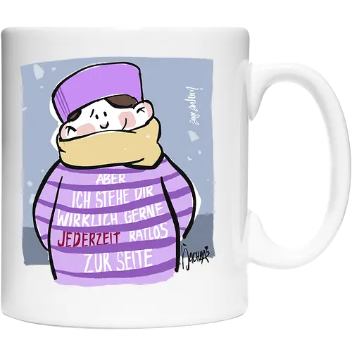 Aber ich stehe dir wirklich gerne jederzeit ratlos zur Seite! - Ringelpullisprüche, Ringeldinger, streifenweise, Spruch, Weisheit, Motivation, Ringelpulli, SprücheShirt, Cartoon Illustration, Statement, Handgezeichnet, Humor, Selbstironie, Streifenpulli, Spruchshirt, deutsch - Cup