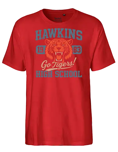Hawkins Tigers - Strange, hawkins lab, hawkins high school, upside down, eleven, dustin, mike wheeler, season 4, 80s nostalgia, horror merch - Fairtrade T-Shirt