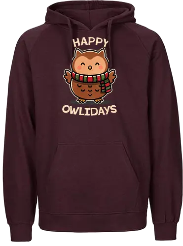 Happy Owlidays - owl, pun, holiday, xmas, christmas gifts, festive, winter, christmas decorations, holiday spirit, seasonal, joy, noel - Fairtrade Hoodie