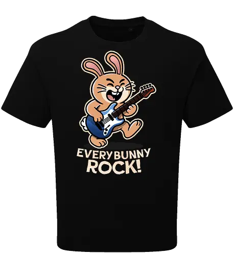 Everybody Rock Bunny - pun, funny, bunny, rabbits, bunnys, rock and roll, music art, vintage rock, guitar design, band merchandise, music lovers, retro vibes, rock concert, punk rock, classic rock - Oversize T-Shirt