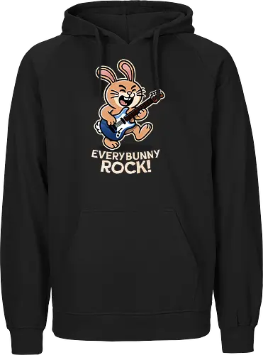 Everybody Rock Bunny - pun, funny, bunny, rabbits, bunnys, rock and roll, music art, vintage rock, guitar design, band merchandise, music lovers, retro vibes, rock concert, punk rock, classic rock - Fairtrade Hoodie