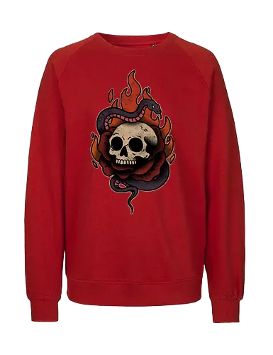 Skullfire Serpent - goth, skull, skeleton, fire, flame, snake, serpent, mythical creature, reptile, wildlife design, nature, urban jungle, serpentine, fantasy, spiritual - Fairtrade Sweatshirt