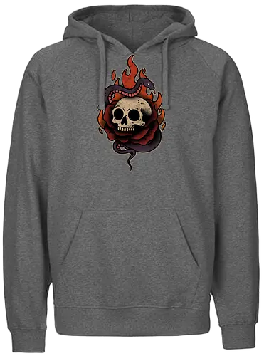 Skullfire Serpent - goth, skull, skeleton, fire, flame, snake, serpent, mythical creature, reptile, wildlife design, nature, urban jungle, serpentine, fantasy, spiritual - Fairtrade Hoodie