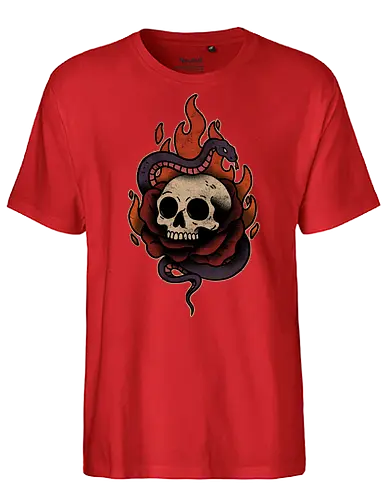 Skullfire Serpent - goth, skull, skeleton, fire, flame, snake, serpent, mythical creature, reptile, wildlife design, nature, urban jungle, serpentine, fantasy, spiritual - Fairtrade T-Shirt