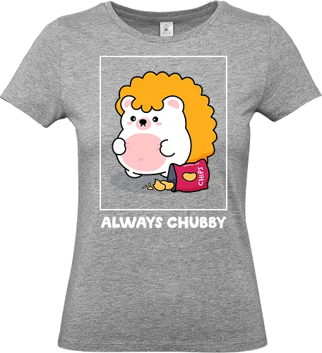 Always Chubby - always chubby, chubby hedgehog, body positive, body positivity, cute chubby, snack lover, chips, potato chips, cute hedgehog, kawaii, self love, soft belly, body acceptance, funny quote, relatable, comfort food, foodie, cute animal, cartoon hedgehog, woodland animal, cute illustration, character art, adorable, plus size love, anti diet culture, self care, cozy, cute merch, aesthetic, indie artist, cute t shirt idea, wholesome, feel good, cute critter, sillyfrenz, heho, snack attack, junk food, guilty pleasure, happy chubby, chonky, round animal, squishy, cute graphic, pastel, everyday wear, casual, playful design, positive message - Standard T-Shirt (Women)