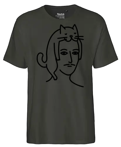  Man in Cat Hat  - Cat, White, Hat, portrait, line art, minimalist, whimsical, doodle, monochrome, cute, quirky, gift, tshirt, hoodie, fashion, poster, unisex, home decor, cathay - Fairtrade T-Shirt