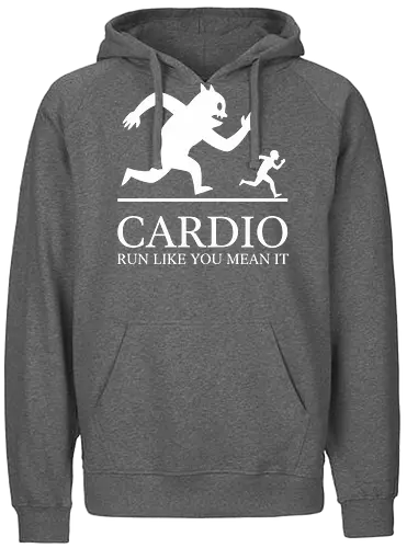 CARDIO: Run Like You Mean It - Monster Chase - Cardio, running, fitness motivation, monster chase, workout shirt, gym apparel, funny running, athlete gift, marathon training, run like you mean it, humorous workout, minimalist graphic, runner, beast mode, exercise humor - Fairtrade Hoodie