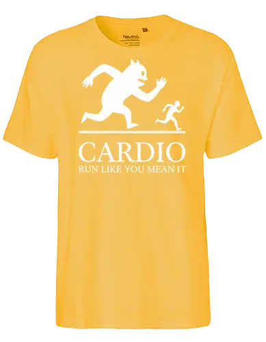 CARDIO: Run Like You Mean It - Monster Chase - Cardio, running, fitness motivation, monster chase, workout shirt, gym apparel, funny running, athlete gift, marathon training, run like you mean it, humorous workout, minimalist graphic, runner, beast mode, exercise humor - Fairtrade T-Shirt