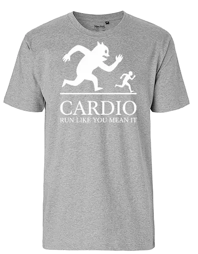 CARDIO: Run Like You Mean It - Monster Chase - Cardio, running, fitness motivation, monster chase, workout shirt, gym apparel, funny running, athlete gift, marathon training, run like you mean it, humorous workout, minimalist graphic, runner, beast mode, exercise humor - Fairtrade T-Shirt