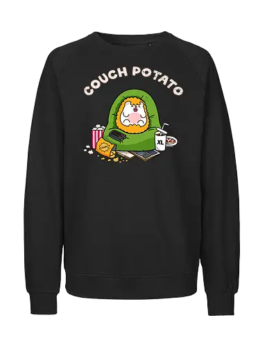 Couch Potato - couch potato, lazy day, binge watching, hedgehog, cute hedgehog, beanbag, snacks, chips, popcorn, XL soda, remote control, TV addict, streaming, stay home, introvert life, cozy vibes, cute animal, kawaii, cartoon, relatable, weekend mood, do nothing, lazy, comfort, self care, chill mode, homebody, funny quote, cute illustration, character art, woodland animal, sillyfrenz, heho, cute merch, comfy, pajama day, netflix and chill, sofa goblin, snack lover, junk food, humor, everyday wear, casual style, cute graphic, chubby, adorable, relaxed, downtime, lazy humor, gamer break - Fairtrade Sweatshirt