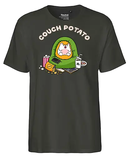 Couch Potato - couch potato, lazy day, binge watching, hedgehog, cute hedgehog, beanbag, snacks, chips, popcorn, XL soda, remote control, TV addict, streaming, stay home, introvert life, cozy vibes, cute animal, kawaii, cartoon, relatable, weekend mood, do nothing, lazy, comfort, self care, chill mode, homebody, funny quote, cute illustration, character art, woodland animal, sillyfrenz, heho, cute merch, comfy, pajama day, netflix and chill, sofa goblin, snack lover, junk food, humor, everyday wear, casual style, cute graphic, chubby, adorable, relaxed, downtime, lazy humor, gamer break - Fairtrade T-Shirt