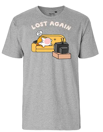 Lost Again - lost again, where is my remote, lost remote, tv remote, couch potato, hedgehog, cute hedgehog, binge watching, lazy day, homebody, stay home, kawaii, cute animal, cartoon style, tv time, sofa life, relatable, funny quote, screen time, doom scrolling, cozy vibes, introvert, comfy couch, weekend mood, no motivation, tired, modern life humor, cute illustration, character art, woodland animal, sillyfrenz, heho, nostalgic tv, old tv, vintage television, remote control, living room, self care, soft life, slow living, everyday wear, casual style, graphic tee idea, meme shirt, humorous, comfy, home entertainment, exhausted, cute graphic - Fairtrade T-Shirt