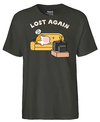 Lost Again - lost again, where is my remote, lost remote, tv remote, couch potato, hedgehog, cute hedgehog, binge watching, lazy day, homebody, stay home, kawaii, cute animal, cartoon style, tv time, sofa life, relatable, funny quote, screen time, doom scrolling, cozy vibes, introvert, comfy couch, weekend mood, no motivation, tired, modern life humor, cute illustration, character art, woodland animal, sillyfrenz, heho, nostalgic tv, old tv, vintage television, remote control, living room, self care, soft life, slow living, everyday wear, casual style, graphic tee idea, meme shirt, humorous, comfy, home entertainment, exhausted, cute graphic - Fairtrade T-Shirt