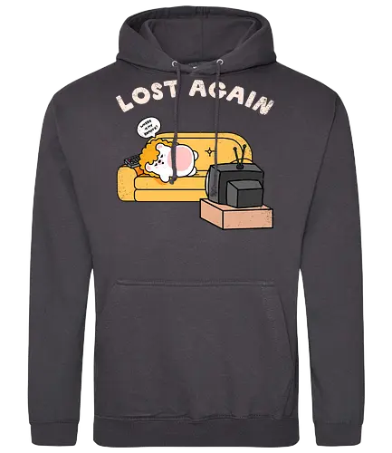Lost Again - lost again, where is my remote, lost remote, tv remote, couch potato, hedgehog, cute hedgehog, binge watching, lazy day, homebody, stay home, kawaii, cute animal, cartoon style, tv time, sofa life, relatable, funny quote, screen time, doom scrolling, cozy vibes, introvert, comfy couch, weekend mood, no motivation, tired, modern life humor, cute illustration, character art, woodland animal, sillyfrenz, heho, nostalgic tv, old tv, vintage television, remote control, living room, self care, soft life, slow living, everyday wear, casual style, graphic tee idea, meme shirt, humorous, comfy, home entertainment, exhausted, cute graphic - Standard Hoodie