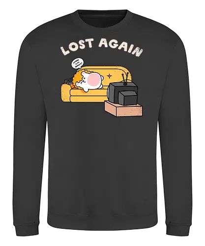 Lost Again - lost again, where is my remote, lost remote, tv remote, couch potato, hedgehog, cute hedgehog, binge watching, lazy day, homebody, stay home, kawaii, cute animal, cartoon style, tv time, sofa life, relatable, funny quote, screen time, doom scrolling, cozy vibes, introvert, comfy couch, weekend mood, no motivation, tired, modern life humor, cute illustration, character art, woodland animal, sillyfrenz, heho, nostalgic tv, old tv, vintage television, remote control, living room, self care, soft life, slow living, everyday wear, casual style, graphic tee idea, meme shirt, humorous, comfy, home entertainment, exhausted, cute graphic - Sweatshirt