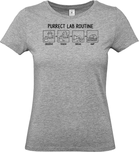Purrect Lab Routine: Observe, Touch, Break, Nap - Cat, lab routine, science humor, purrect, funny cat, chemist gift, scientist, laboratory, glassware, break, nap, line art, feline, cat owner, pet humor, science apparel, cute cat, black and white - Standard T-Shirt (Women)