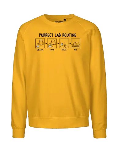 Purrect Lab Routine: Observe, Touch, Break, Nap - Cat, lab routine, science humor, purrect, funny cat, chemist gift, scientist, laboratory, glassware, break, nap, line art, feline, cat owner, pet humor, science apparel, cute cat, black and white - Fairtrade Sweatshirt
