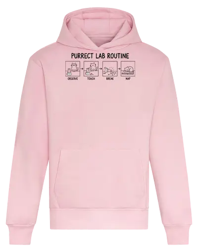 Purrect Lab Routine: Observe, Touch, Break, Nap - Cat, lab routine, science humor, purrect, funny cat, chemist gift, scientist, laboratory, glassware, break, nap, line art, feline, cat owner, pet humor, science apparel, cute cat, black and white - Heavyweight Hoodie