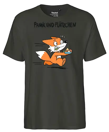Panik und Plätzchen (schwarze Schrift) - Weihnachten, Xmas, Yule, Fuchs - Fairtrade T-Shirt