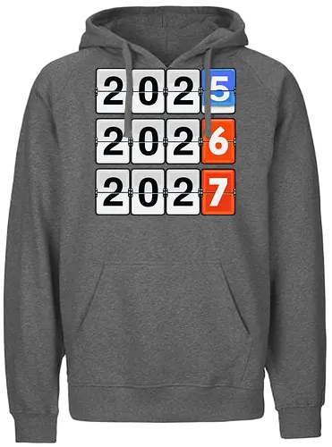 Retro Flip Clock Calendar - 2025 to 2027 Countdown - flip clock, retro calendar, 2025, 2026, 2027, mechanical clock, vintage display, countdown, New Year design, minimalist, typography art, time tracking, future years, analog style, aesthetic numbers, office decor, planner art - Fairtrade Hoodie