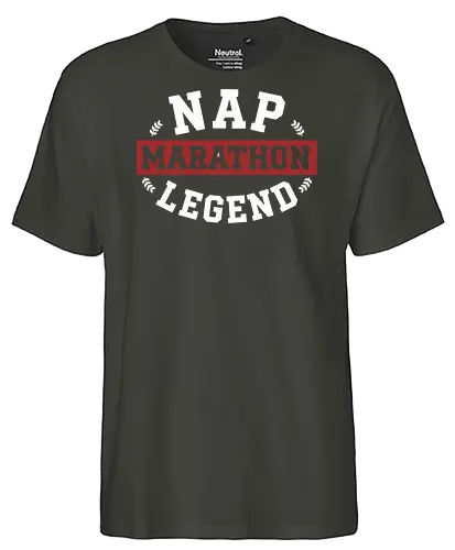 Nap Marathon Legend - nap marathon legend, funny sleep shirt, collegiate style, varsity typography, lazy gift, sarcasm apparel, nap enthusiast, professional sleeper, vintage athletic design, heavy sleeper gift, humorous quote, university style parody, rest and recovery, sleep lover tshirt, college humor - Fairtrade T-Shirt