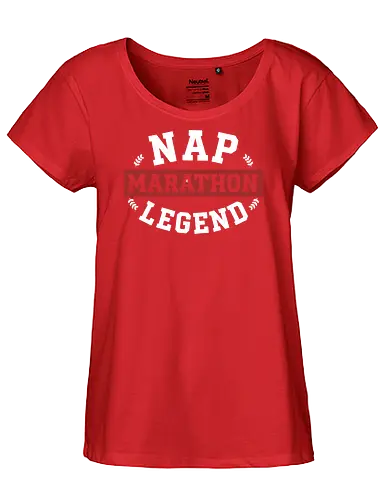 Nap Marathon Legend - nap marathon legend, funny sleep shirt, collegiate style, varsity typography, lazy gift, sarcasm apparel, nap enthusiast, professional sleeper, vintage athletic design, heavy sleeper gift, humorous quote, university style parody, rest and recovery, sleep lover tshirt, college humor - Fairtrade Girl Shirt