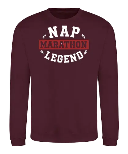 Nap Marathon Legend - nap marathon legend, funny sleep shirt, collegiate style, varsity typography, lazy gift, sarcasm apparel, nap enthusiast, professional sleeper, vintage athletic design, heavy sleeper gift, humorous quote, university style parody, rest and recovery, sleep lover tshirt, college humor - Sweatshirt