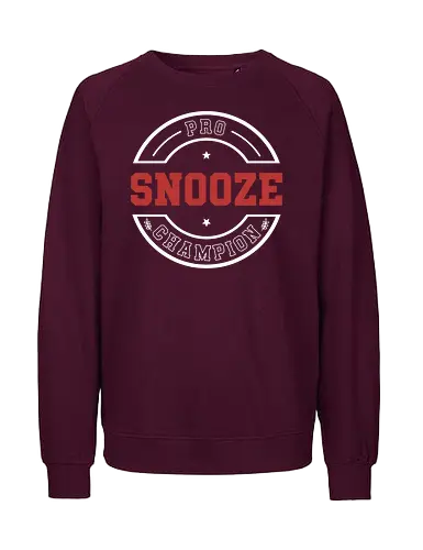 Pro Snooze Champion - Varsity Style Sleep Graphic - pro snooze champion, funny sleep shirt, varsity style, collegiate typography, snooze button, lazy day gift, sarcastic apparel, sleep lover, vintage athletic design, nap enthusiast, humorous workout parody, rest champion, cozy loungewear, sleep goals, university style graphic - Fairtrade Sweatshirt