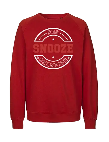 Pro Snooze Champion - Varsity Style Sleep Graphic - pro snooze champion, funny sleep shirt, varsity style, collegiate typography, snooze button, lazy day gift, sarcastic apparel, sleep lover, vintage athletic design, nap enthusiast, humorous workout parody, rest champion, cozy loungewear, sleep goals, university style graphic - Fairtrade Sweatshirt