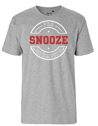 Pro Snooze Champion - Varsity Style Sleep Graphic - pro snooze champion, funny sleep shirt, varsity style, collegiate typography, snooze button, lazy day gift, sarcastic apparel, sleep lover, vintage athletic design, nap enthusiast, humorous workout parody, rest champion, cozy loungewear, sleep goals, university style graphic - Fairtrade T-Shirt
