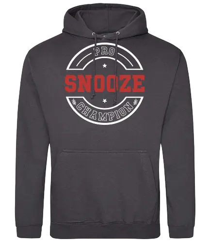 Pro Snooze Champion - Varsity Style Sleep Graphic - pro snooze champion, funny sleep shirt, varsity style, collegiate typography, snooze button, lazy day gift, sarcastic apparel, sleep lover, vintage athletic design, nap enthusiast, humorous workout parody, rest champion, cozy loungewear, sleep goals, university style graphic - Standard Hoodie