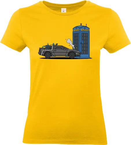 Time Machine Fender Bender - DeLorean vs. TARDIS - DeLorean, TARDIS, Doctor, Future, time machine, sci-fi mashup, crossover art, geek apparel, 80s movies, whovian gift, Marty McFly, The Doctor, police box, time travel parody, geeky t-shirt, flux capacitor, nerding out - Standard T-Shirt (Women)