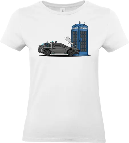 Time Machine Fender Bender - DeLorean vs. TARDIS - DeLorean, TARDIS, Doctor, Future, time machine, sci-fi mashup, crossover art, geek apparel, 80s movies, whovian gift, Marty McFly, The Doctor, police box, time travel parody, geeky t-shirt, flux capacitor, nerding out - Standard T-Shirt (Women)
