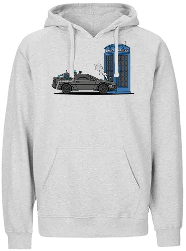 Time Machine Fender Bender - DeLorean vs. TARDIS - DeLorean, TARDIS, Doctor, Future, time machine, sci-fi mashup, crossover art, geek apparel, 80s movies, whovian gift, Marty McFly, The Doctor, police box, time travel parody, geeky t-shirt, flux capacitor, nerding out - Fairtrade Hoodie
