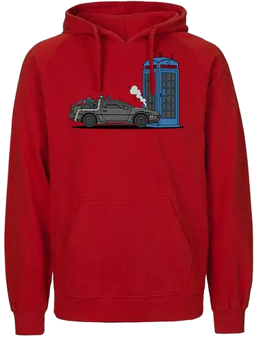 Time Machine Fender Bender - DeLorean vs. TARDIS - DeLorean, TARDIS, Doctor, Future, time machine, sci-fi mashup, crossover art, geek apparel, 80s movies, whovian gift, Marty McFly, The Doctor, police box, time travel parody, geeky t-shirt, flux capacitor, nerding out - Fairtrade Hoodie