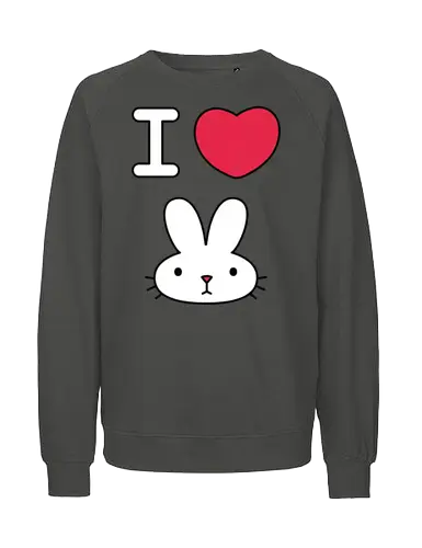 I Love Bunny – Cute Minimal Rabbit Illustration - bunny, rabbit, cute, kawaii, love, heart, minimal, cartoon, animal, white bunny, black background, adorable, simple design, vector style, kids art, sticker design, nursery art - Fairtrade Sweatshirt