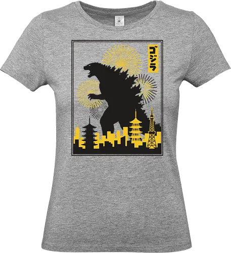 Kaiju Sunset - Kaiju Tokyo Skyline Mashup - Godzilla shirt, Kaiju apparel, Tokyo skyline art, Japanese monster, giant lizard, anime streetwear, King of Monsters, Japanese pagoda, kanji graphic, retro kaiju, monster movie merch, geek fashion, Tokyo silhouette, yellow and black graphic, tokusatsu art - Standard T-Shirt (Women)