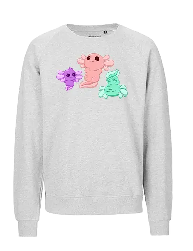 Drei Axolotl - Axolotl, Axl, cute, Cartoon, comic, Tier, Wasser, Water, rosa, lila, violet, türkis, grün - Fairtrade Sweatshirt