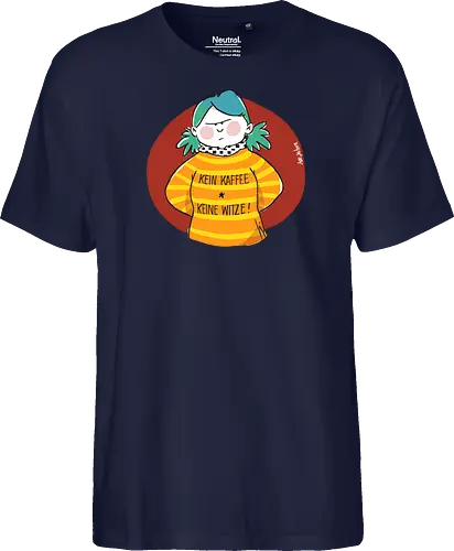 Kein Kaffee, keine Witze!  - Ringelpullisprüche, Kaffee, Ringeldinger, streifenweise, Spruch, Weisheit, Motivation, Ringelpulli, SprücheShirt, Cartoon Illustration, Statement, Handgezeichnet, Humor, Selbstironie, Streifenpulli, Spruchshirt, deutsch - Fairtrade T-Shirt