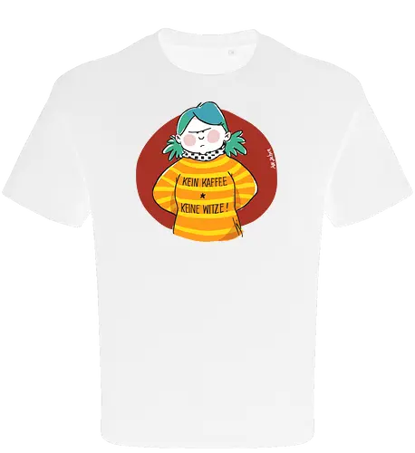 Kein Kaffee, keine Witze!  - Ringelpullisprüche, Kaffee, Ringeldinger, streifenweise, Spruch, Weisheit, Motivation, Ringelpulli, SprücheShirt, Cartoon Illustration, Statement, Handgezeichnet, Humor, Selbstironie, Streifenpulli, Spruchshirt, deutsch - Oversize T-Shirt