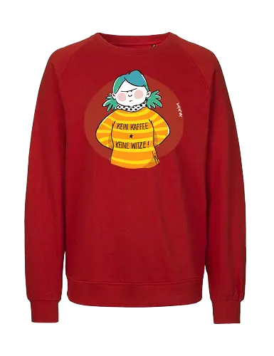 Kein Kaffee, keine Witze!  - Ringelpullisprüche, Kaffee, Ringeldinger, streifenweise, Spruch, Weisheit, Motivation, Ringelpulli, SprücheShirt, Cartoon Illustration, Statement, Handgezeichnet, Humor, Selbstironie, Streifenpulli, Spruchshirt, deutsch - Fairtrade Sweatshirt