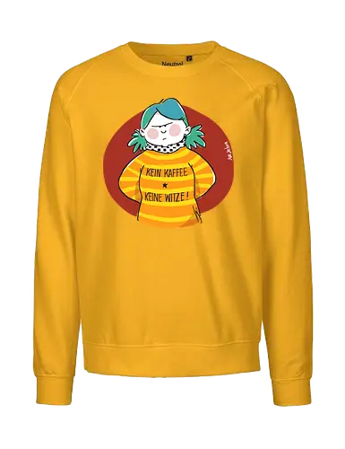 Kein Kaffee, keine Witze!  - Ringelpullisprüche, Kaffee, Ringeldinger, streifenweise, Spruch, Weisheit, Motivation, Ringelpulli, SprücheShirt, Cartoon Illustration, Statement, Handgezeichnet, Humor, Selbstironie, Streifenpulli, Spruchshirt, deutsch - Fairtrade Sweatshirt