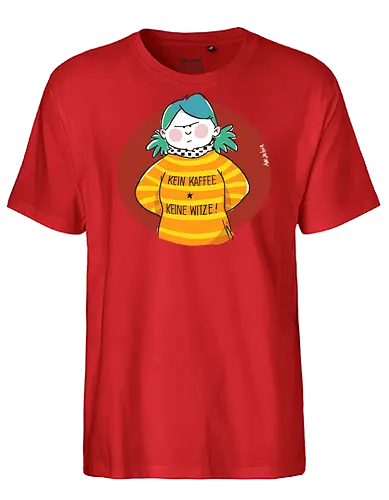 Kein Kaffee, keine Witze!  - Ringelpullisprüche, Kaffee, Ringeldinger, streifenweise, Spruch, Weisheit, Motivation, Ringelpulli, SprücheShirt, Cartoon Illustration, Statement, Handgezeichnet, Humor, Selbstironie, Streifenpulli, Spruchshirt, deutsch - Fairtrade T-Shirt